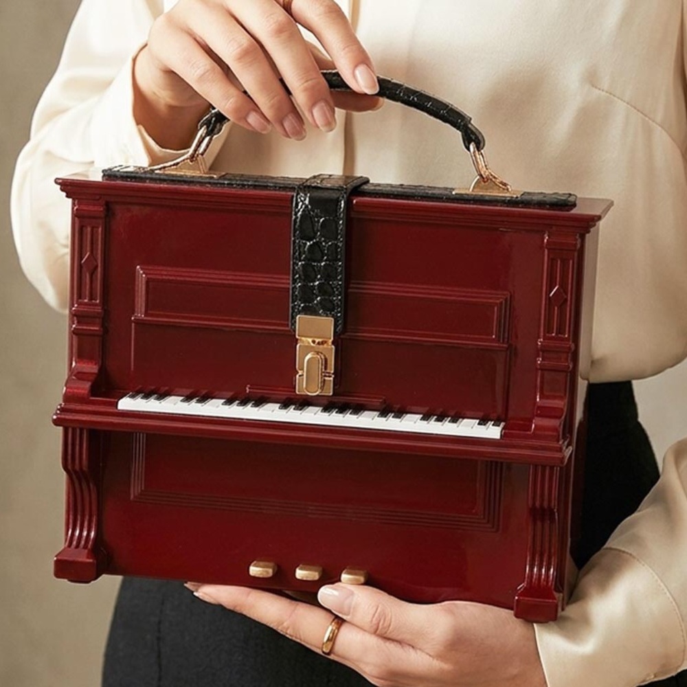 Novelty Piano Box Handbag in Dark Red with Black Handle